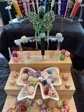 Green Crystal Butterfly Beaded Pen with Dangling Crystals